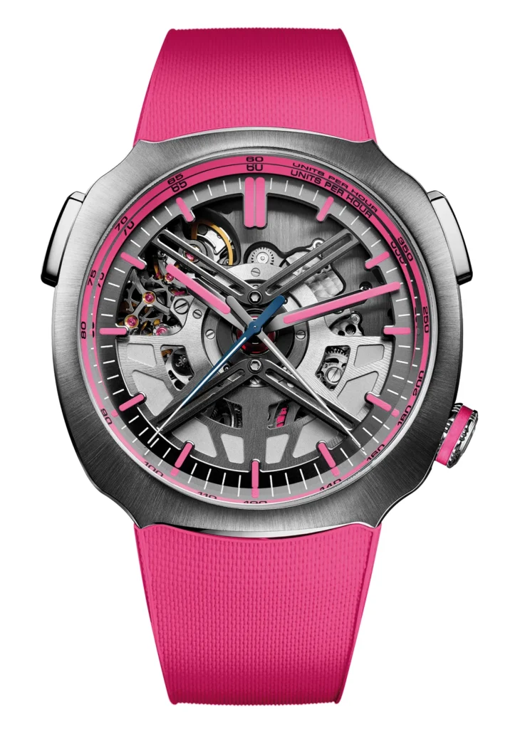 H. Moser & Cie. Streamliner Alpine Drivers, limitierter Flyback-Chronograph mit skelettiertem Uhrwerk, Stahlgehäuse und pinkfarbenem Kautschukarmband.