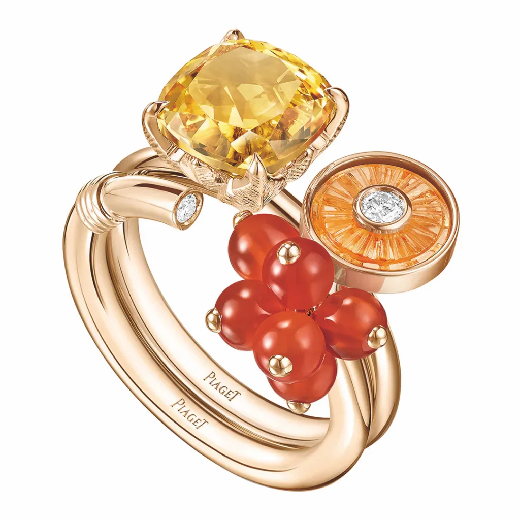Piaget Cocktailring aus Rosé- oder Weissgold mit farbigen Edelsteinen und Brillanten, bestehend aus zwei separat tragbaren Teilen.
