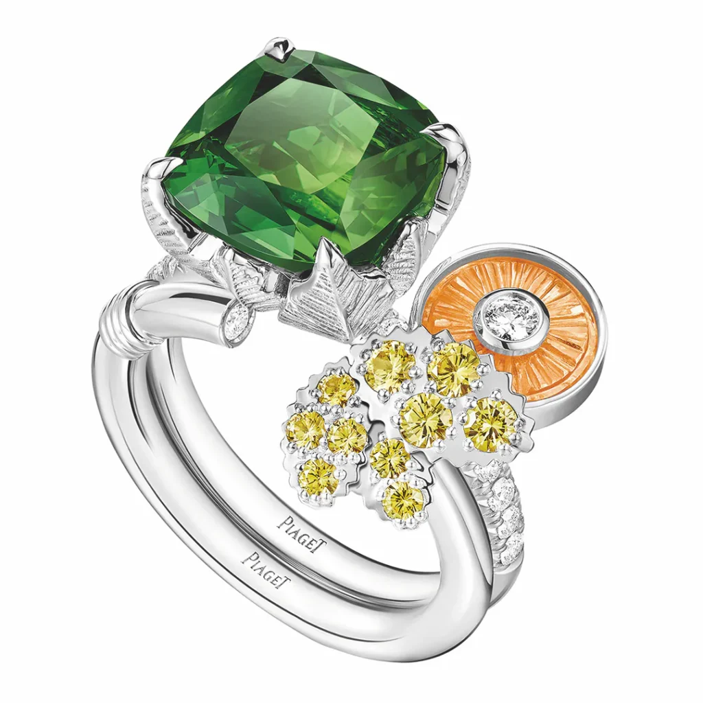 Piaget Cocktailring aus Rosé- oder Weissgold mit farbigen Edelsteinen und Brillanten, bestehend aus zwei separat tragbaren Teilen.