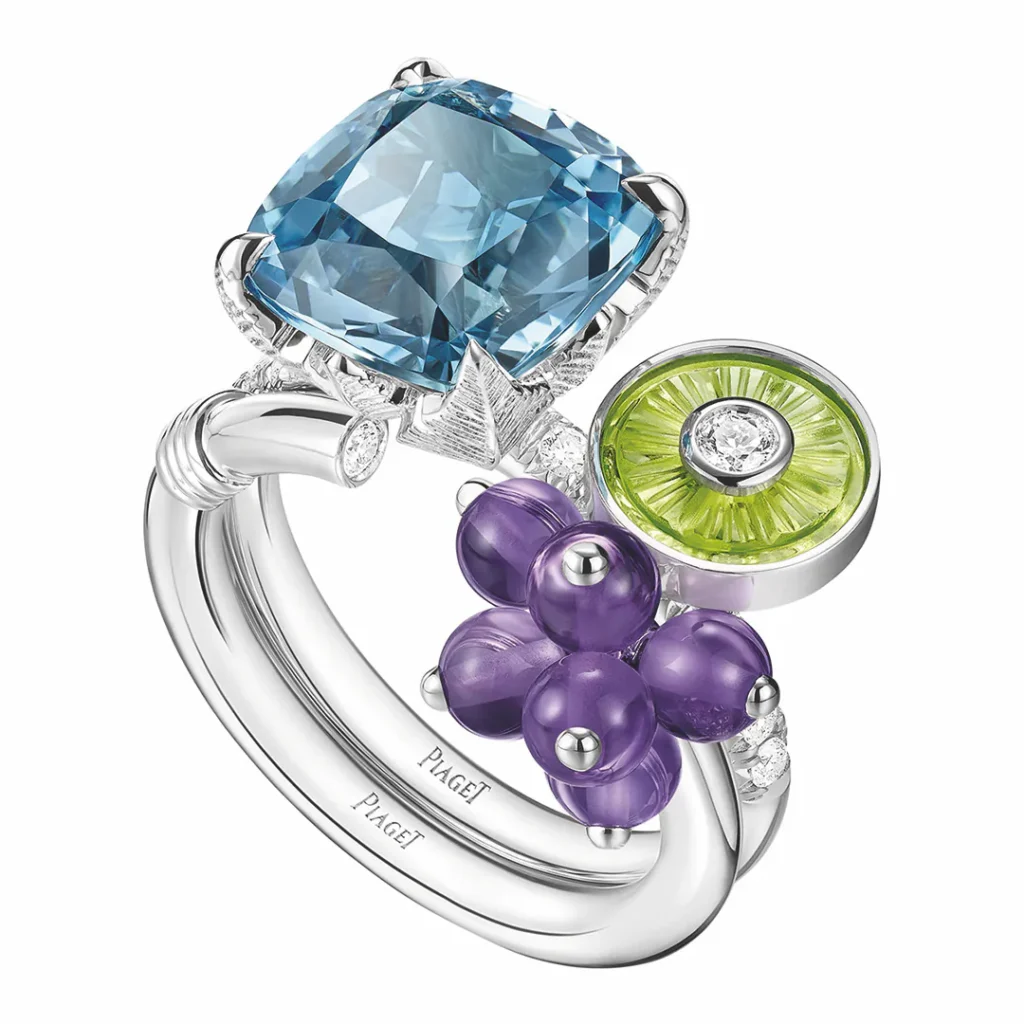 Piaget Cocktailring aus Rosé- oder Weissgold mit farbigen Edelsteinen und Brillanten, bestehend aus zwei separat tragbaren Teilen.