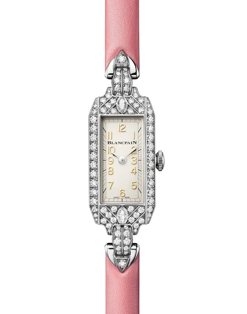 Blancpain Ladybird Tribute Marilyn Monroe mit Platingehäuse, Diamanten und rechteckigem Zifferblatt.
